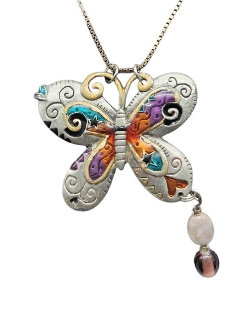 Sterling Silver Butterfly Pendant Necklace Enamel Inlaid 15" 925 Choker Chain - Picture 4 of 16